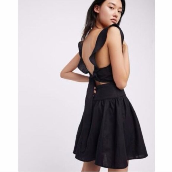 Free People Erin Linen Mini Dress Black Large Ruffle Back Bow Boho Cottagecore - Picture 7 of 16